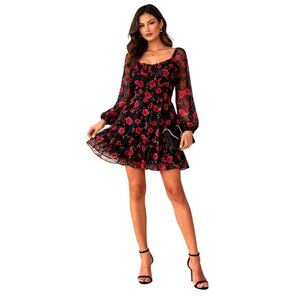 Altard State Floral Puff Long-Sleeve Mini Dress XS Black & Red